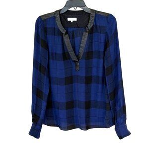 Parker Women's Silk Plaid Print Faux Leather Trim Sheer Blouse Blue Size XS